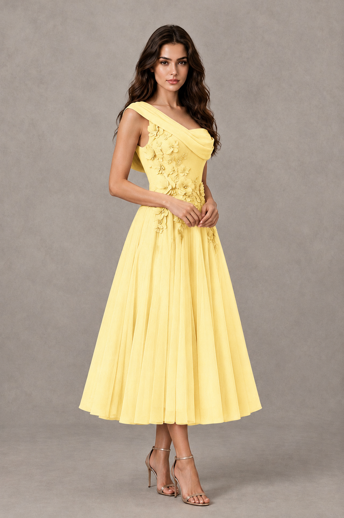 BOLODOO Yellow One-Shoulder Floral Tulle Tea-Length Dress - Yellow - Yellow_03