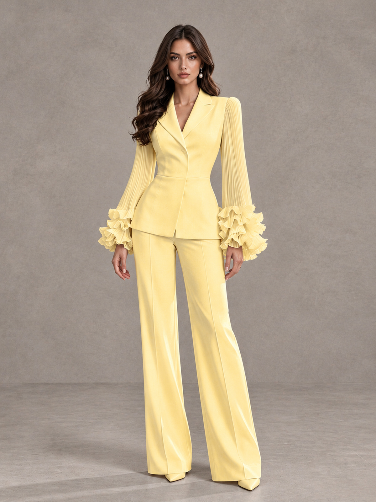 BOLODOO Yellow Mother of the Bride Pant Suit – Pleated Long Sleeve Ruffle Cuff Wide Leg Trouser Suit - Yellow - Yellow_03