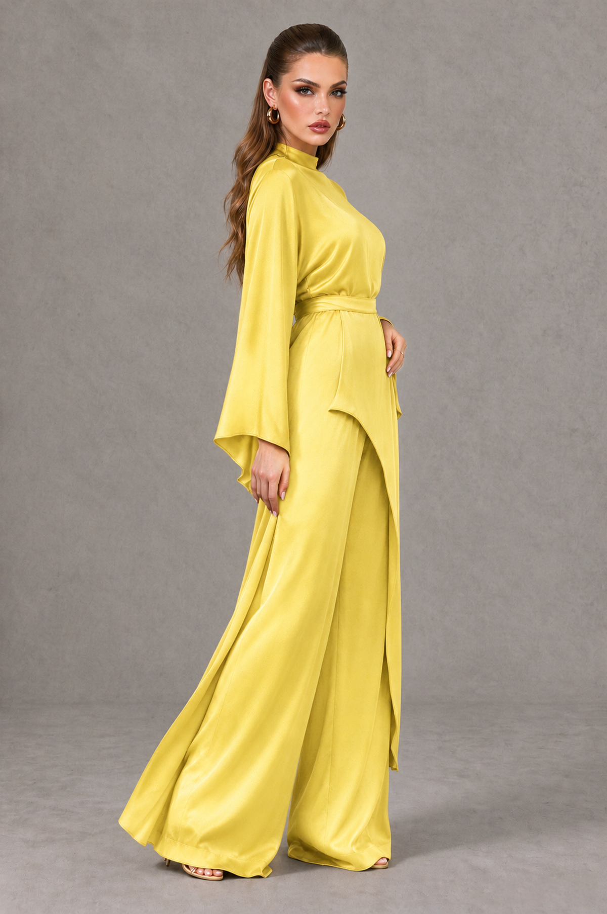 BOLODOO Yellow Satin-Look Long Sleeve Wide-Leg Jumpsuit - Yellow - Yellow_03