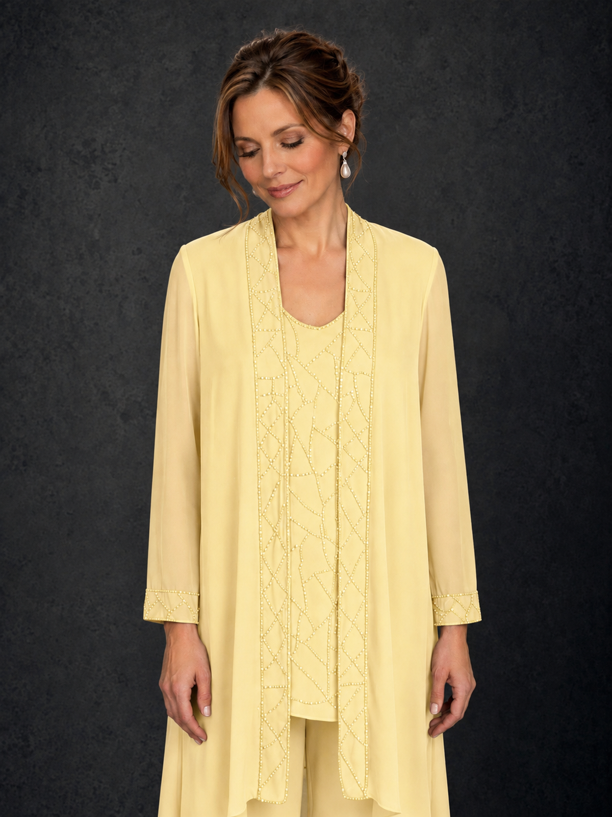 BOLODOO Yellow 3-Piece Beaded Chiffon Duster Jacket Pant Suit - Yellow - Yellow_03