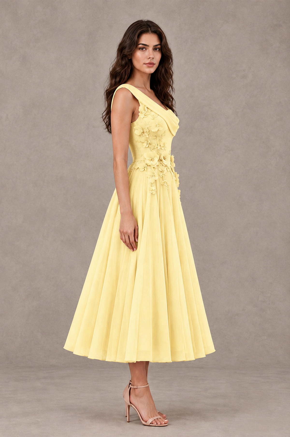 BOLODOO Yellow One-Shoulder Floral Tulle Tea-Length Dress - Yellow - Yellow_04