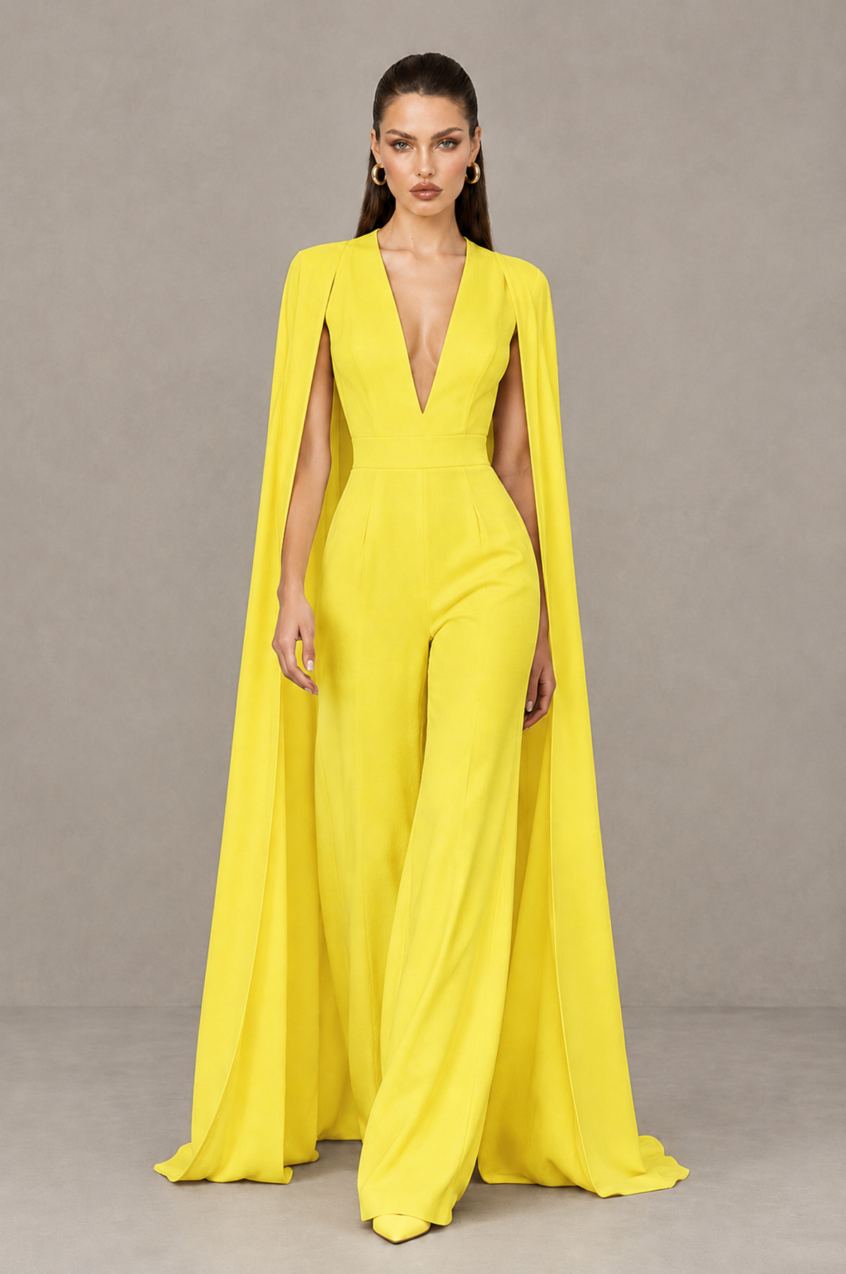 BOLODOO Yellow Deep V-Neck Cape Sleeve Bridal Jumpsuit - Yellow - Yellow_04