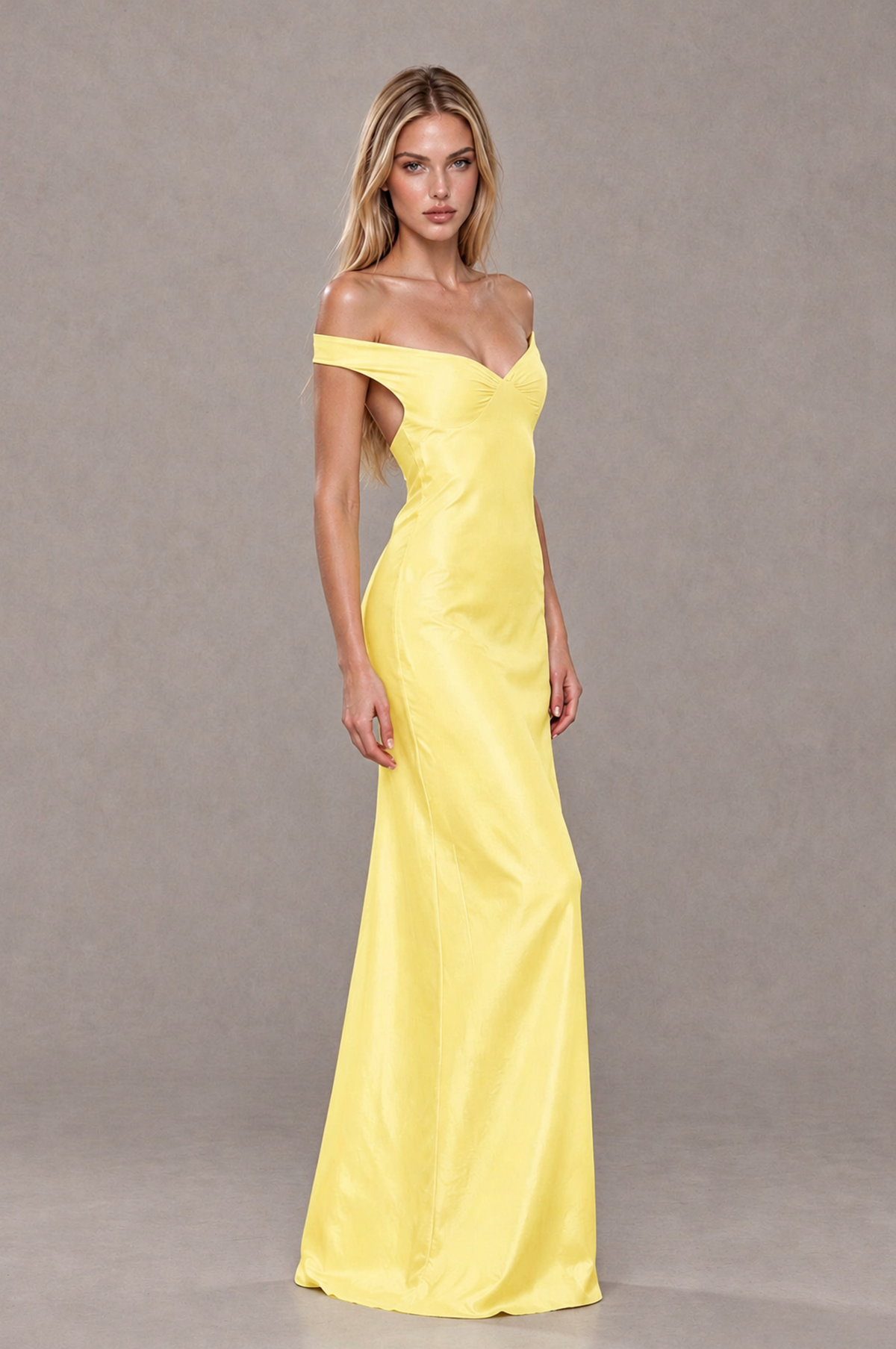 BOLODOO Yellow Off-Shoulder Open-Back Satin Evening Gown - Yellow - Yellow_04