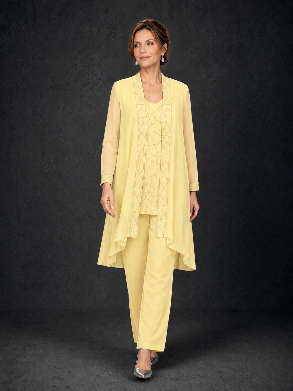BOLODOO Yellow 3-Piece Beaded Chiffon Duster Jacket Pant Suit - Yellow - Yellow_04