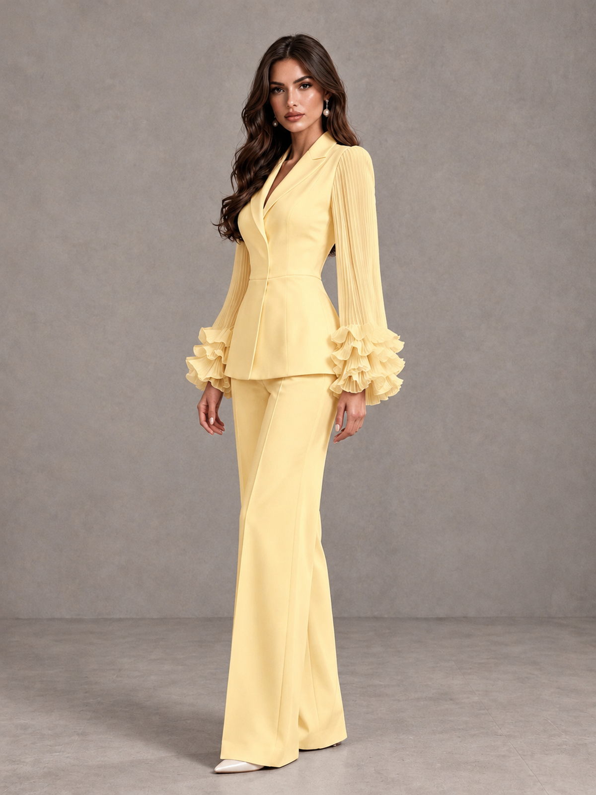 BOLODOO Yellow Mother of the Bride Pant Suit – Pleated Long Sleeve Ruffle Cuff Wide Leg Trouser Suit - Yellow - Yellow_04