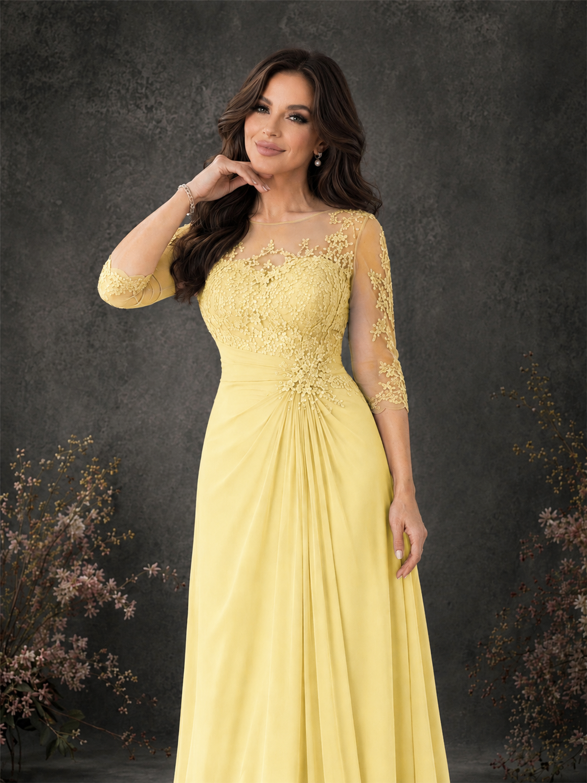 BOLODOO Yellow Chiffon Lace Illusion Neckline 3/4 Sleeve Floor Length Formal Gown - Yellow - Yellow_04