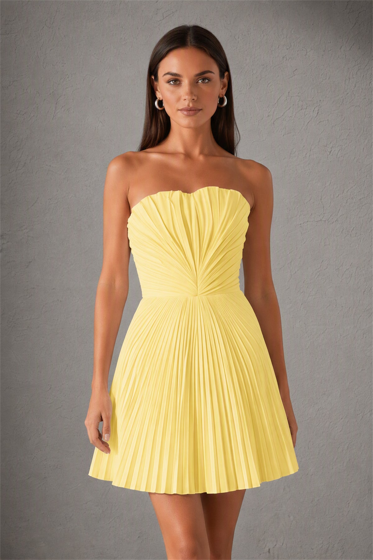 BOLODOO Yellow Strapless Sweetheart Pleated Corset Mini Dress with Lace-Up Back - Yellow