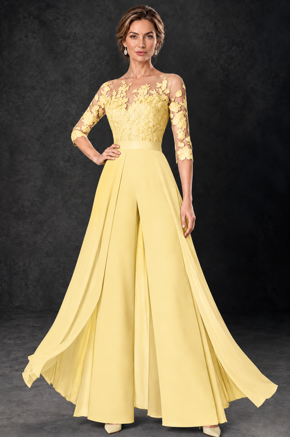 BOLODOO Yellow Lace Wide-Leg Jumpsuit with Three-Quarter Sleeves - Yellow - Yellow_1