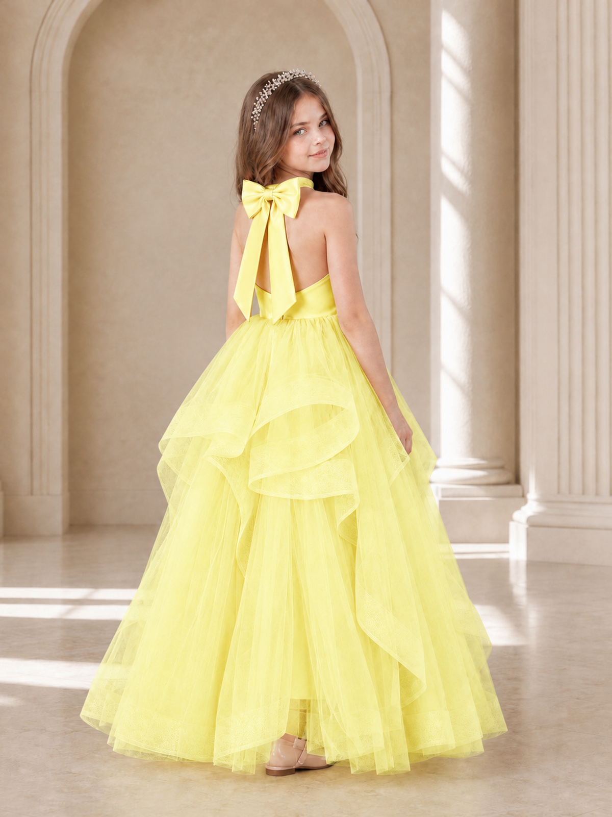 BOLODOO Yellow Halter Tiered Tulle Flower Girl Dress with Bow Back - Yellow - Yellow_1