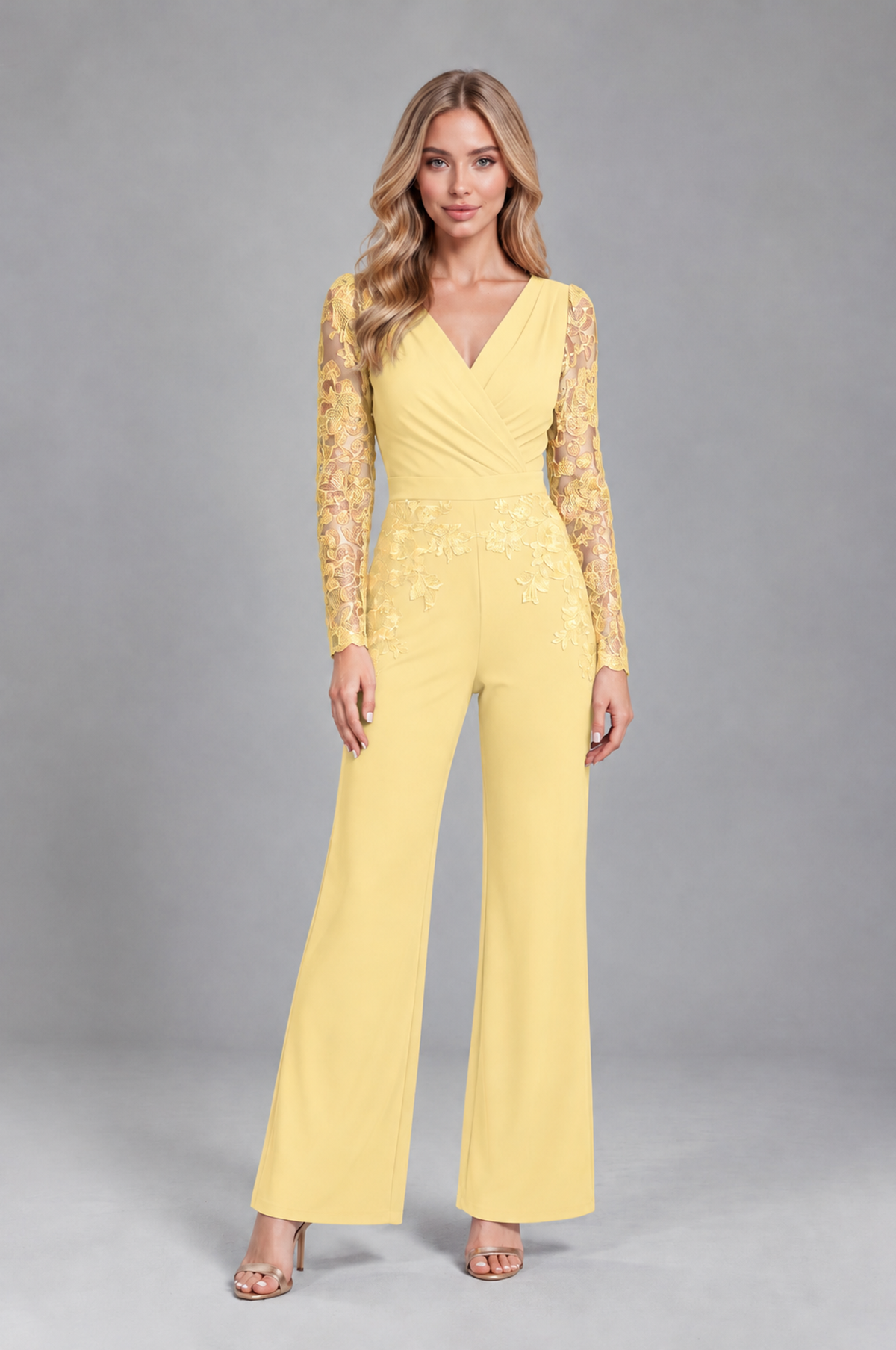 BOLODOO Yellow Lace Long-Sleeve V-Neck Mother Pant Suit - Yellow - Yellow_1