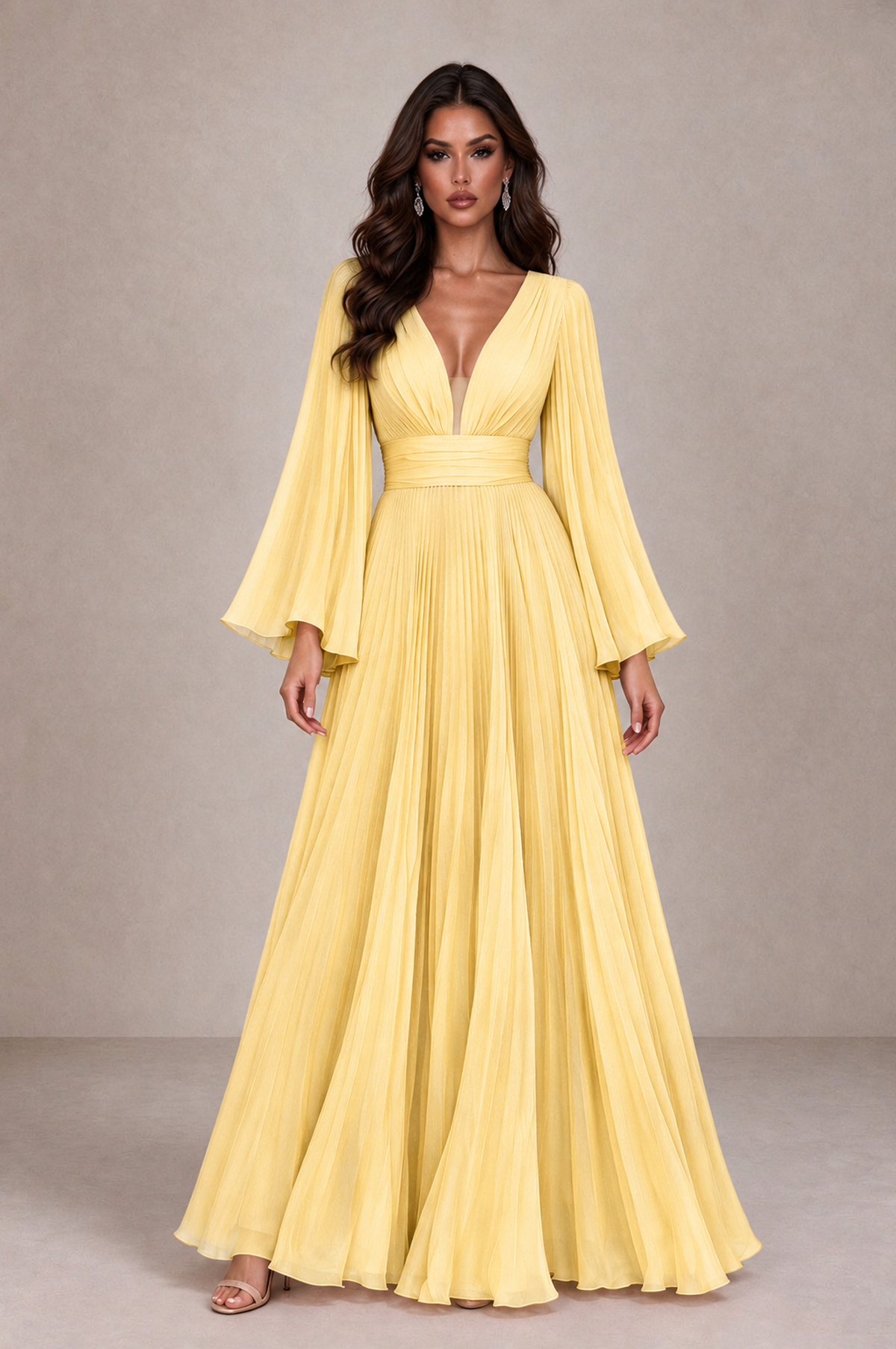 BOLODOO Yellow Pleated Deep V-Neck Long Bell Sleeve Evening Dress - Yellow - Yellow_1