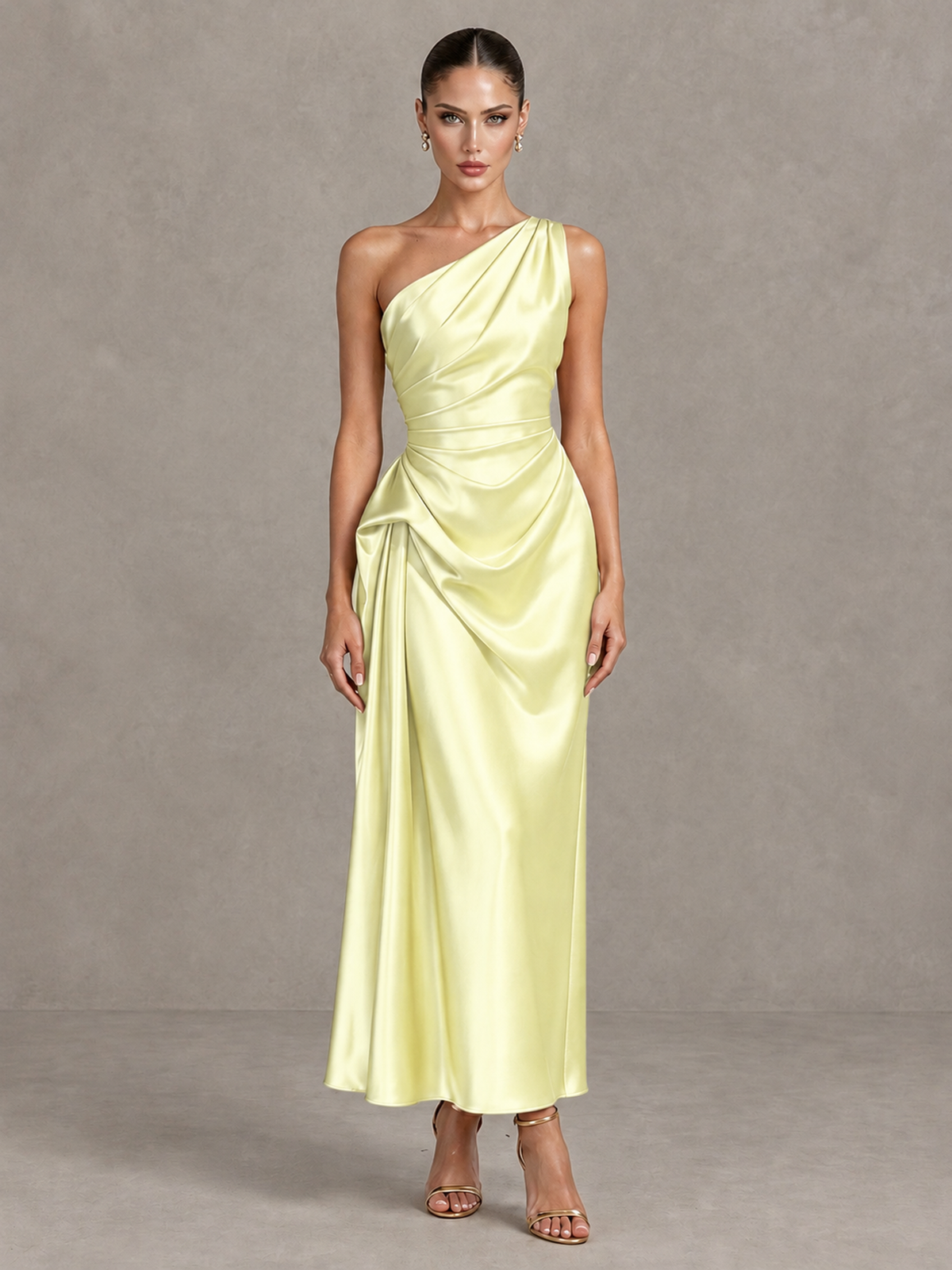 BOLODOO Yellow One Shoulder Satin Cocktail Dress with Draped A-Line Skirt - Yellow - Yellow_1