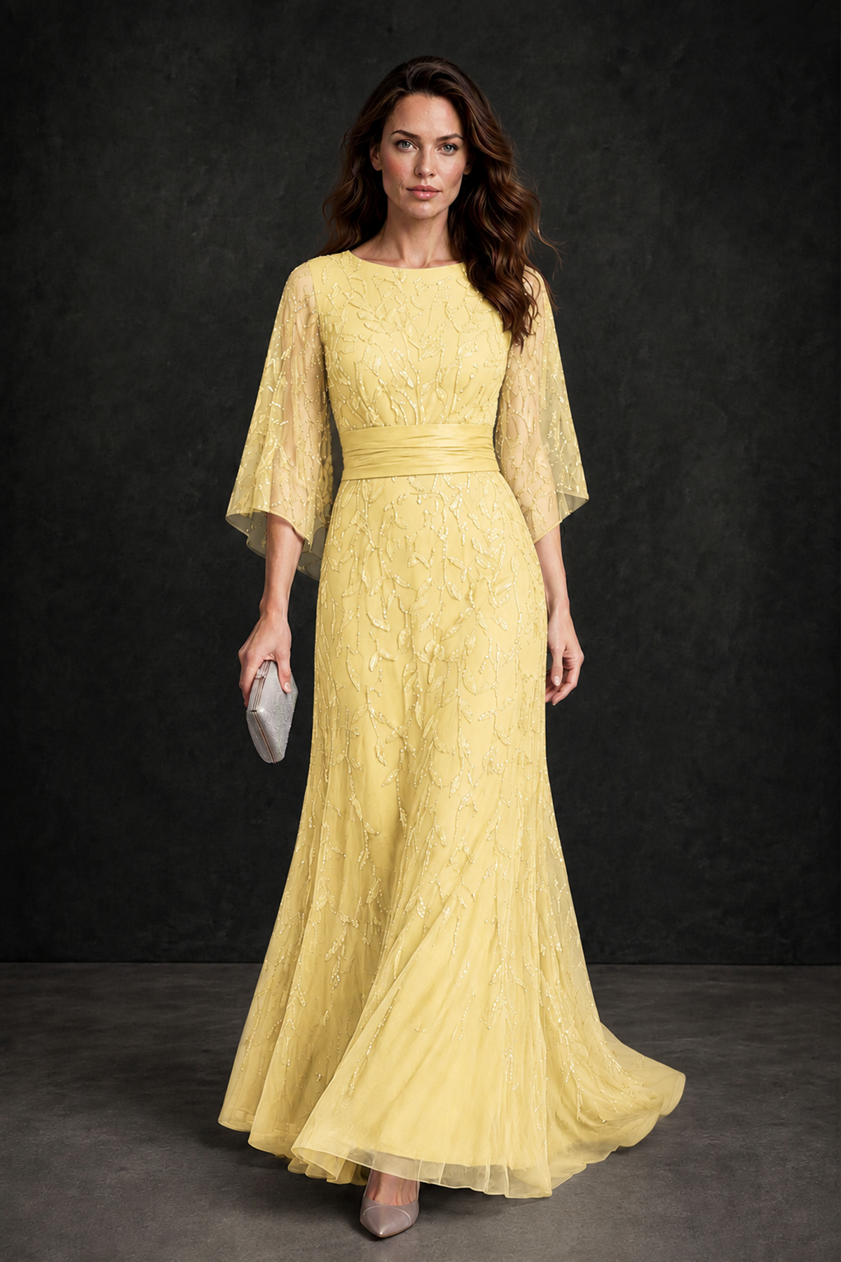 BOLODOO Yellow Bateau Neck Bell Sleeve Sequin Embroidered Satin Waist A-Line Maxi Dress - Yellow - Yellow_1