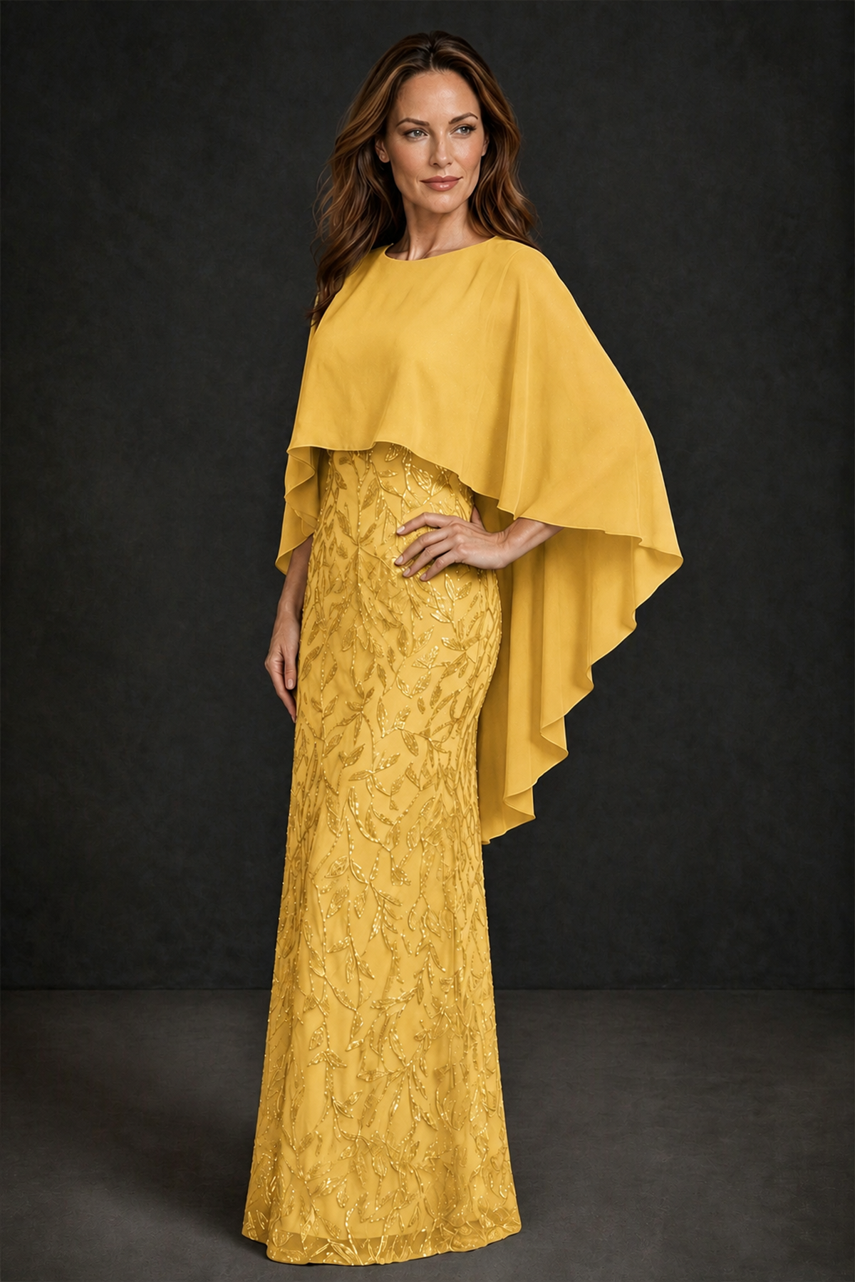 BOLODOO Yellow Round Neck Chiffon Cape Overlay Sequin Lace Mermaid Maxi Dress - Yellow - Yellow_1