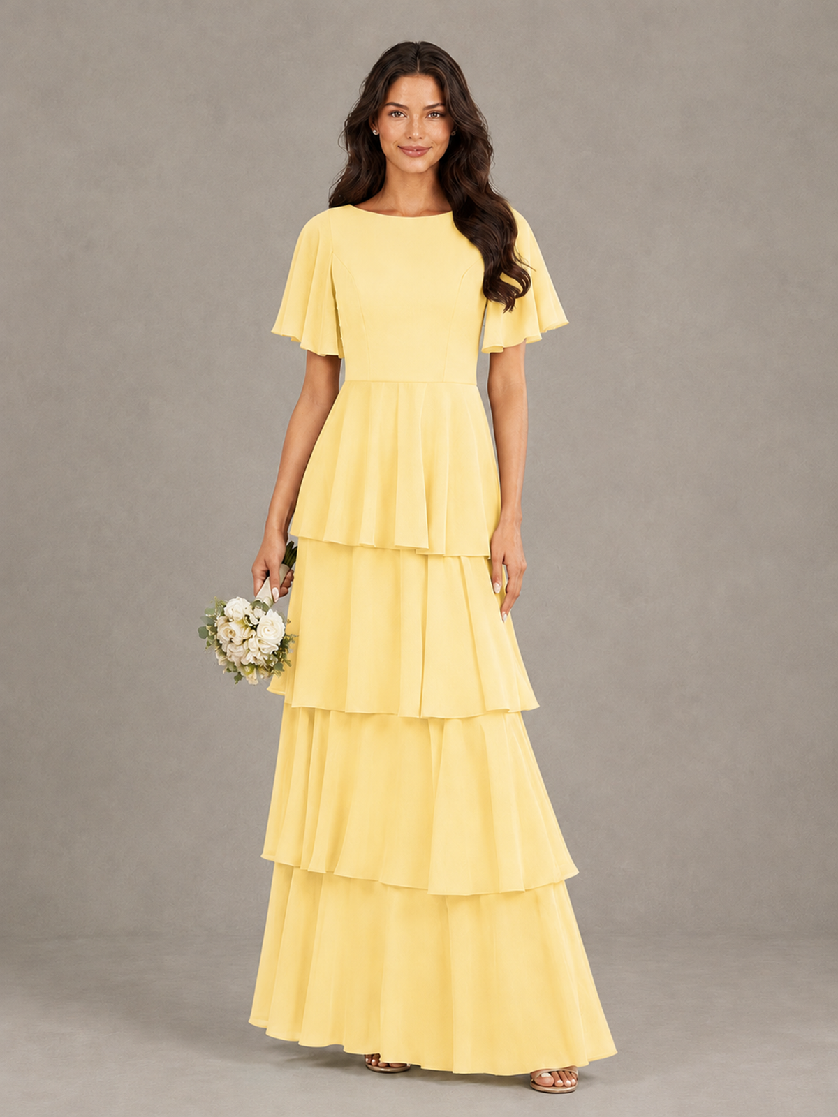 BOLODOO Yellow Tiered Flutter Sleeve Bridesmaid Dress - Yellow - Yellow_1
