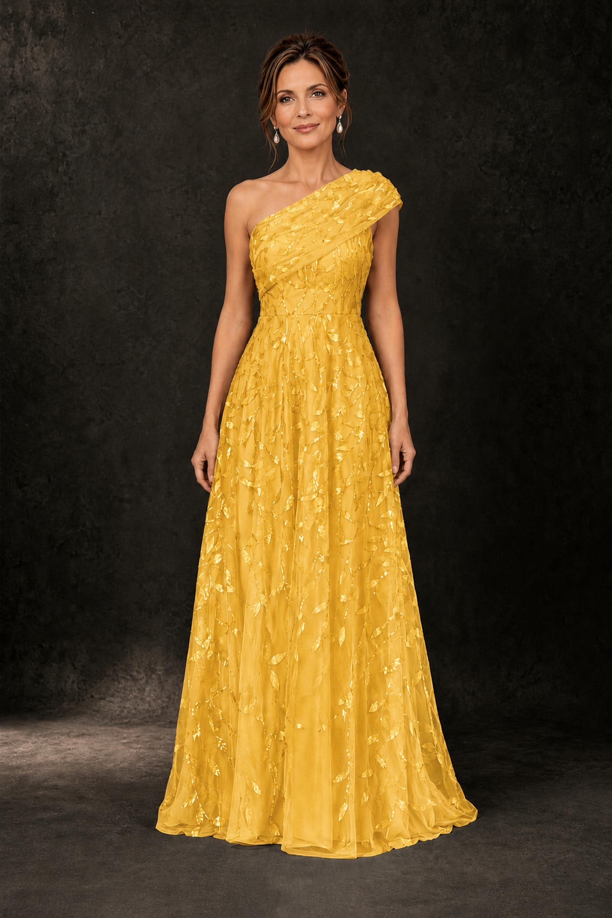 BOLODOO Yellow Leaf Sequin One-Shoulder A-Line Maxi Gown – Mother of the Bride & Formal Evening Dress - Yellow - Yellow_1