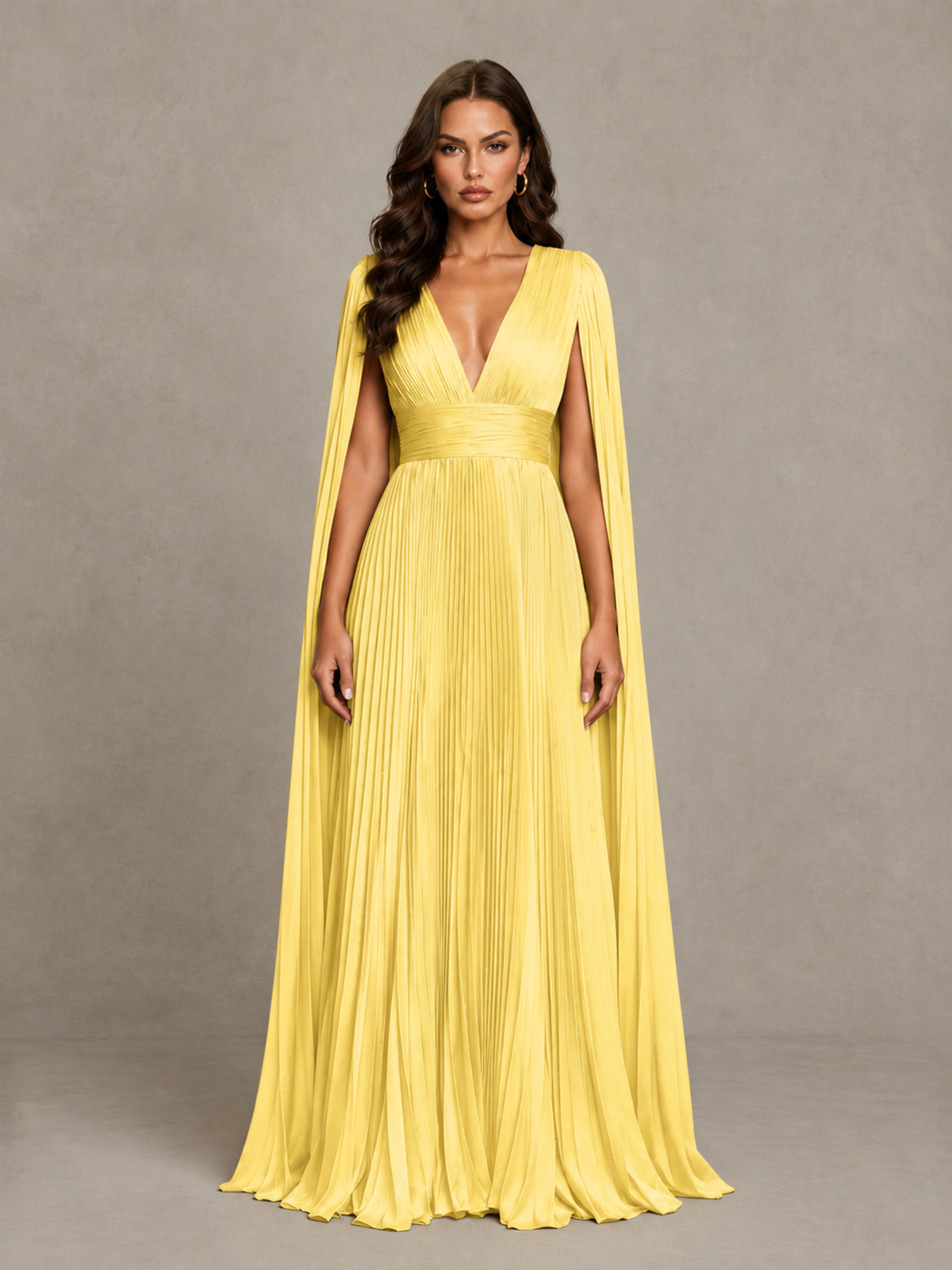 BOLODOO Yellow Deep V-Neck Pleated Cape Sleeve Evening Gown - Yellow - Yellow_1
