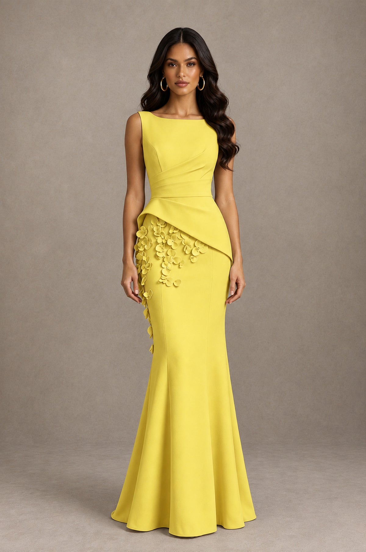 BOLODOO Yellow Bateau Neck Sleeveless Asymmetric Peplum 3D Petal Appliqué Mermaid Gown BD0421 - Yellow - Yellow_1