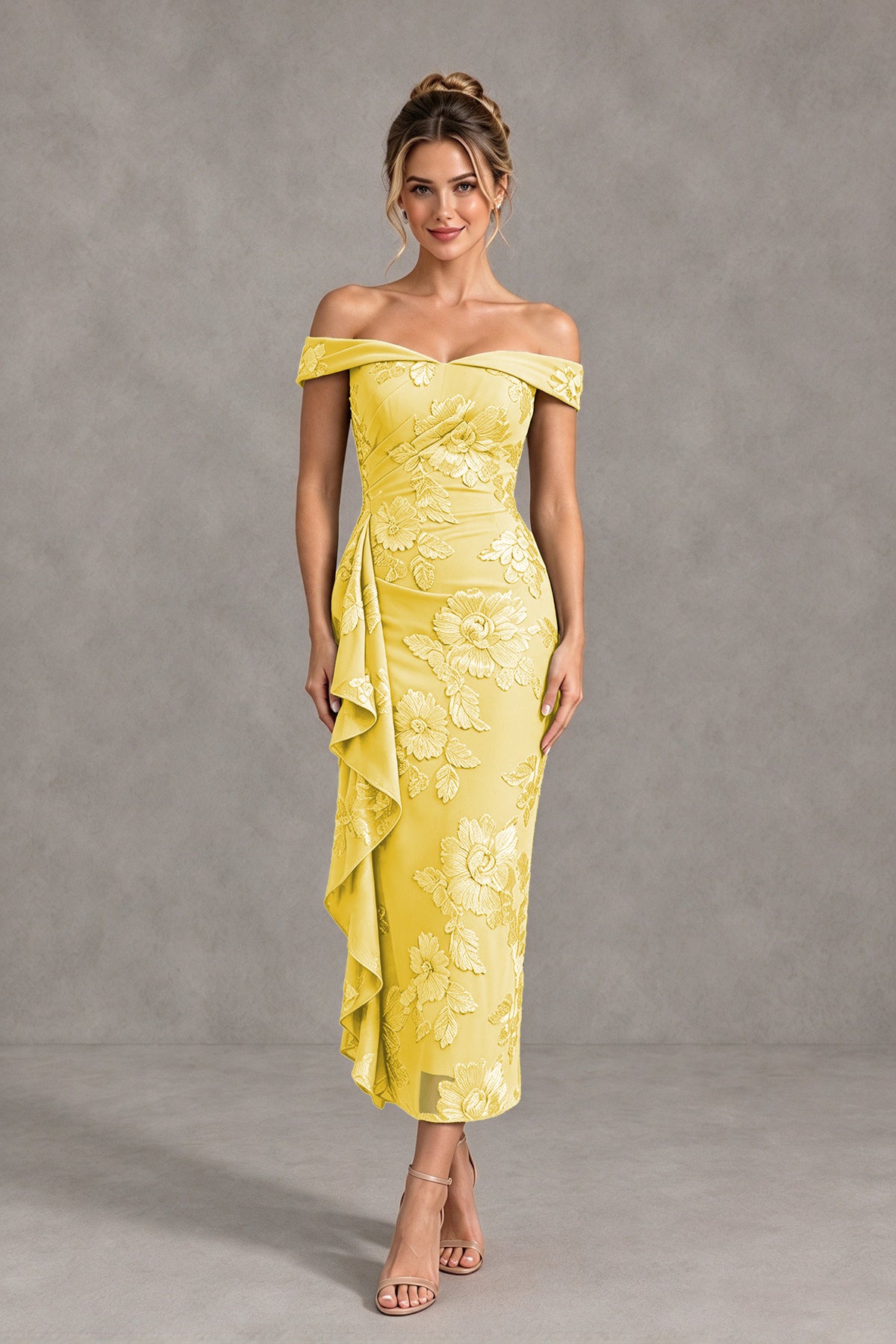 BOLODOO Yellow Off Shoulder Floral Jacquard Midi Dress - Yellow - Yellow(1)