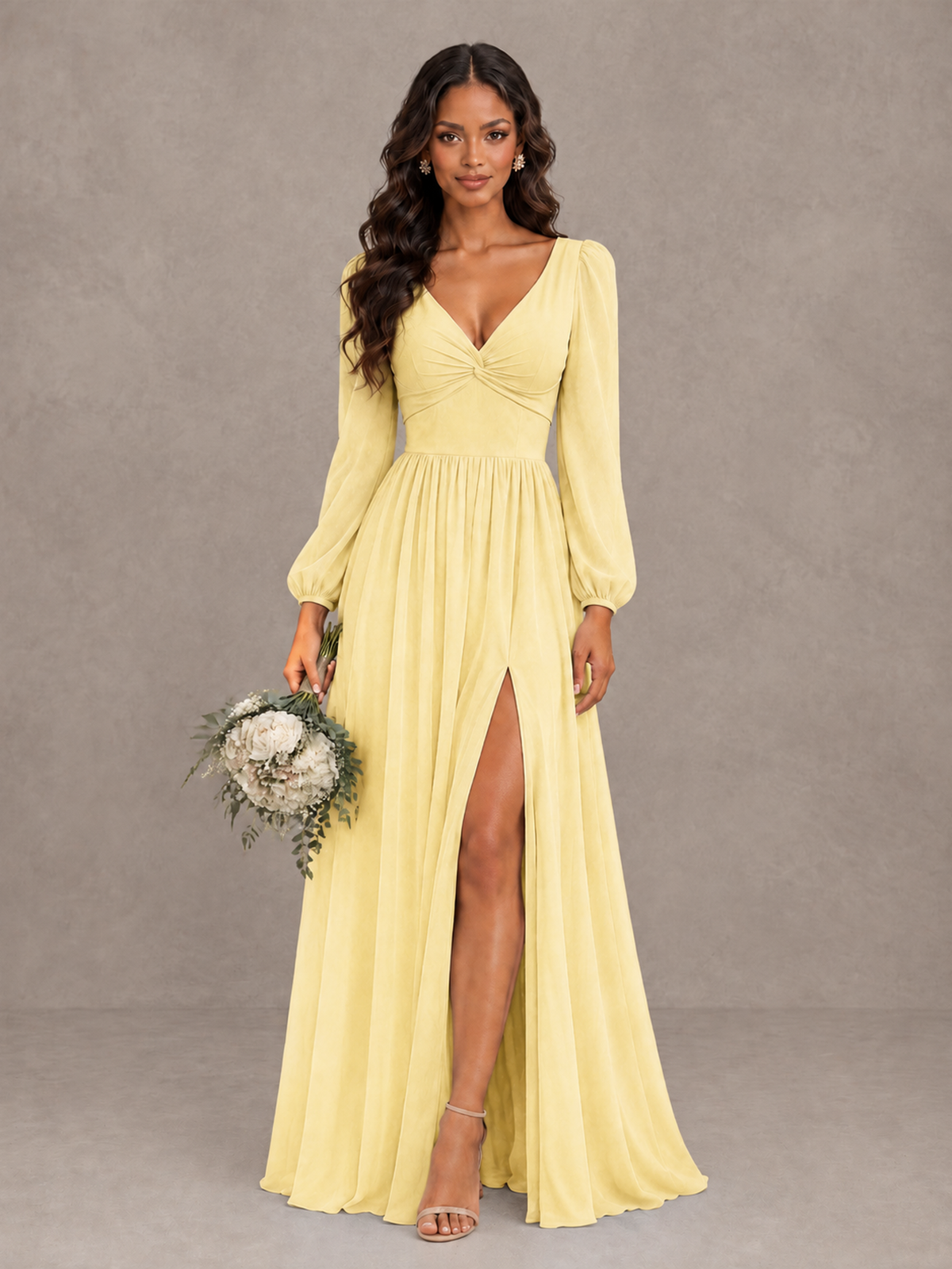 BOLODOO Yellow V-Neck Long Sleeve Bridesmaid Dress with Tie Back and Slit - Yellow - Yellow_1