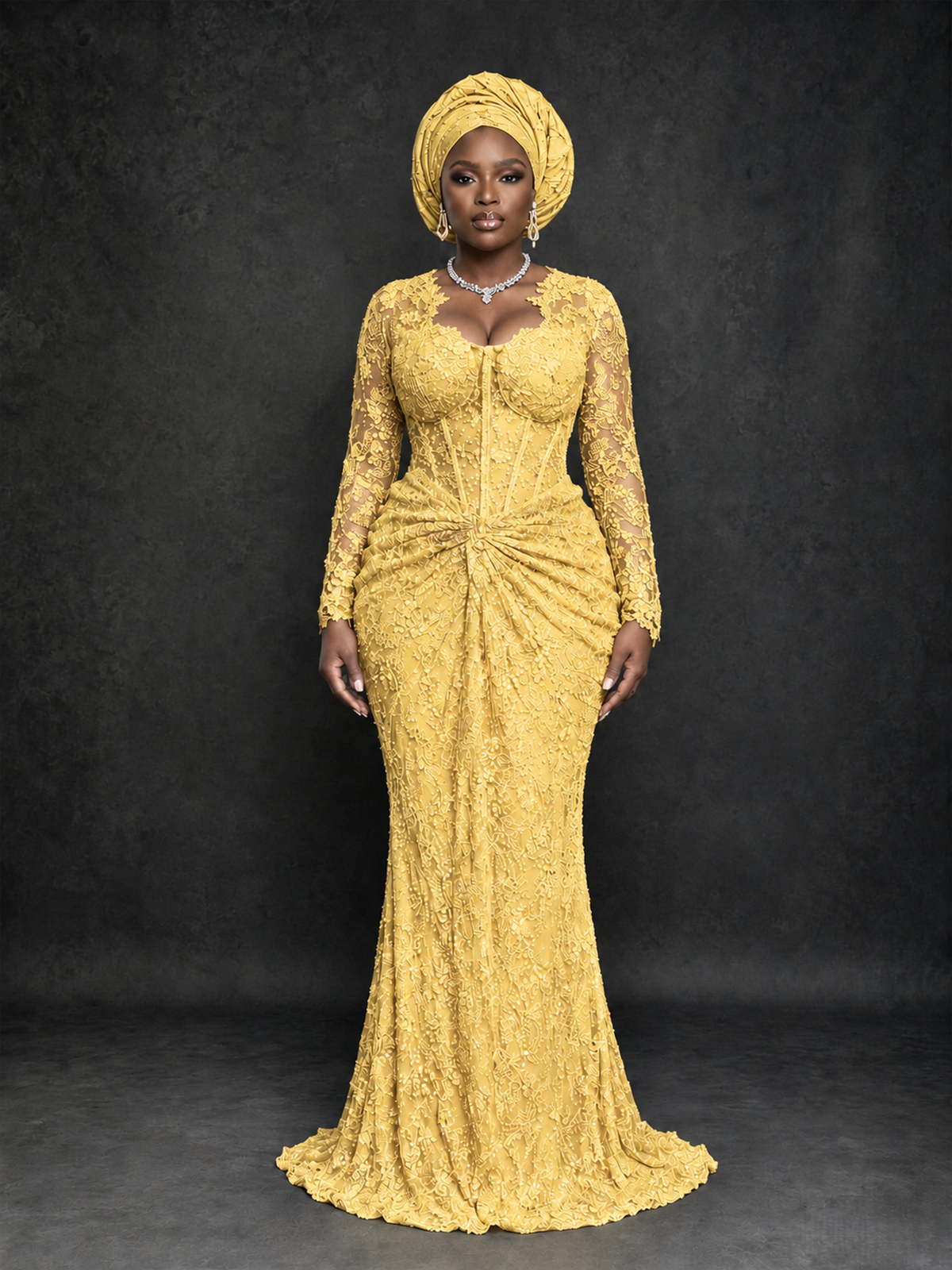 BOLODOO Yellow Beaded Lace Long Sleeve Mermaid Gown Sweetheart | Mother of the Bride - Yellow - Yellow_1