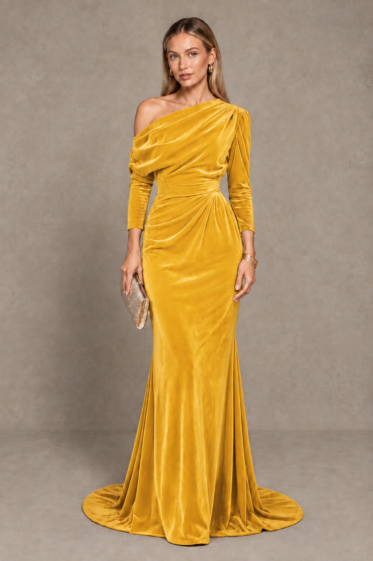 BOLODOO Yellow Velvet Asymmetric Neck Mermaid Evening Dress - Yellow - Yellow_1