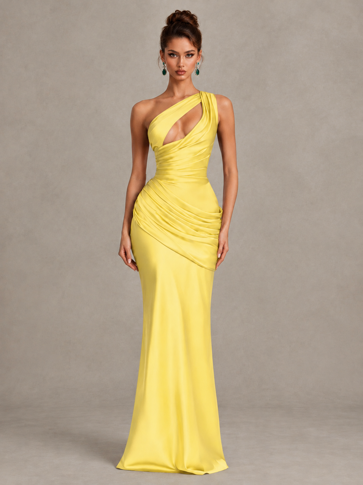 BOLODOO Yellow One-Shoulder Cutout Satin Mermaid Prom Dress - Yellow - Yellow_1