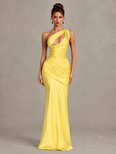 BOLODOO Yellow One-Shoulder Cutout Satin Mermaid Prom Dress - Yellow - Yellow_1