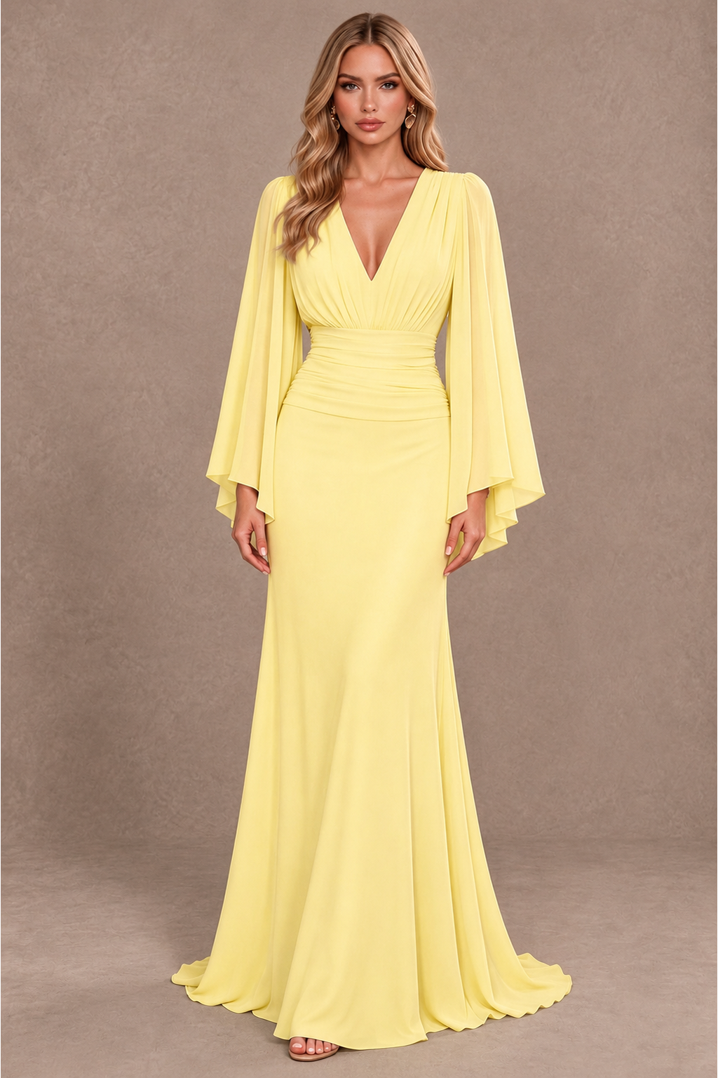 BOLODOO Yellow Cape Sleeve V-Neck Ruched Chiffon Evening Dress - Yellow - Yellow_1