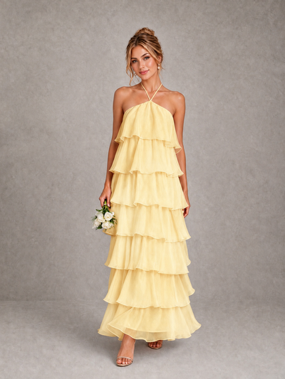 BOLODOO Yellow Halter Tiered Ruffle Maxi Bridesmaid Dress - Yellow - Yellow_1