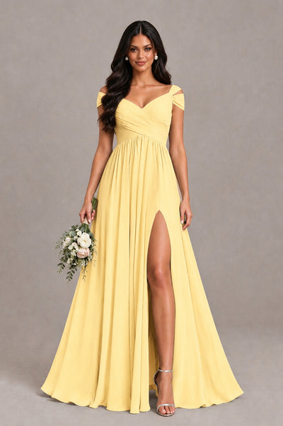 BOLODOO Yellow Cold Shoulder Chiffon Evening Dress with V Neck and High Slit - Yellow - Yellow_1