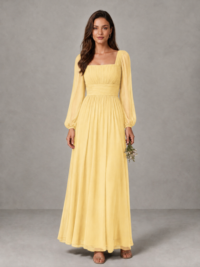 BOLODOO Yellow Square Neck Long Sleeve Chiffon Bridesmaid Dress - Yellow - Yellow_1