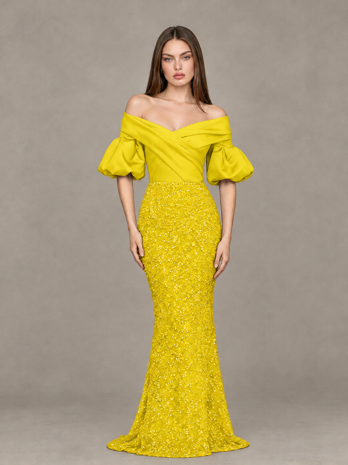 BOLODOO Yellow Off-Shoulder Puff Sleeve Sequin Mermaid Evening Dress - Yellow - Yellow_1