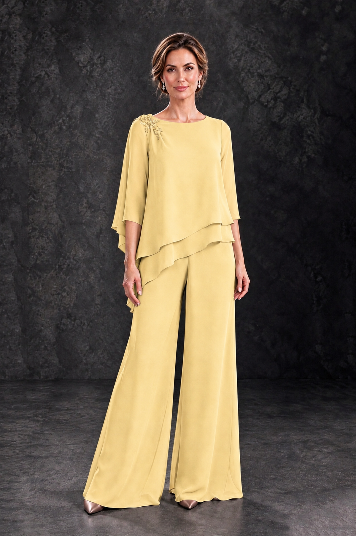 BOLODOO Yellow Layered Wide-Leg Mother of the Bride Pant Suit - Yellow - Yellow_1