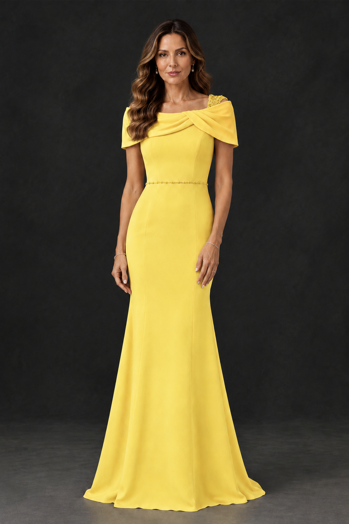 BOLODOO Yellow Mother of the Bride Dress with Draped Cape Detail - Yellow - Yellow_1