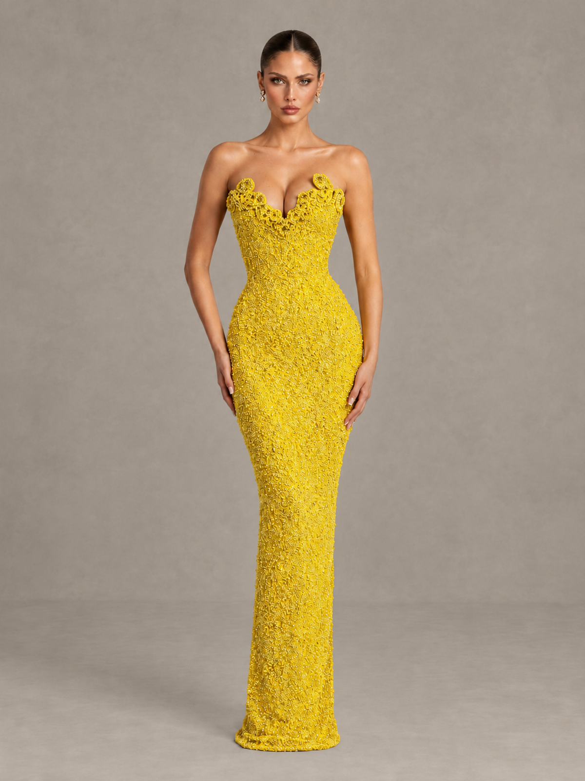 BOLODOO Yellow Strapless Sequin Evening Gown with Floral Neckline - Yellow - Yellow_1