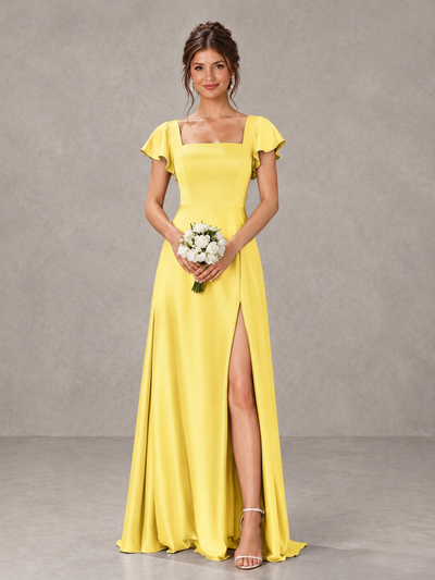 BOLODOO Yellow Satin Square Neck Flutter Sleeve A-Line Bridesmaid Dress with Slit - Yellow - Yellow_1