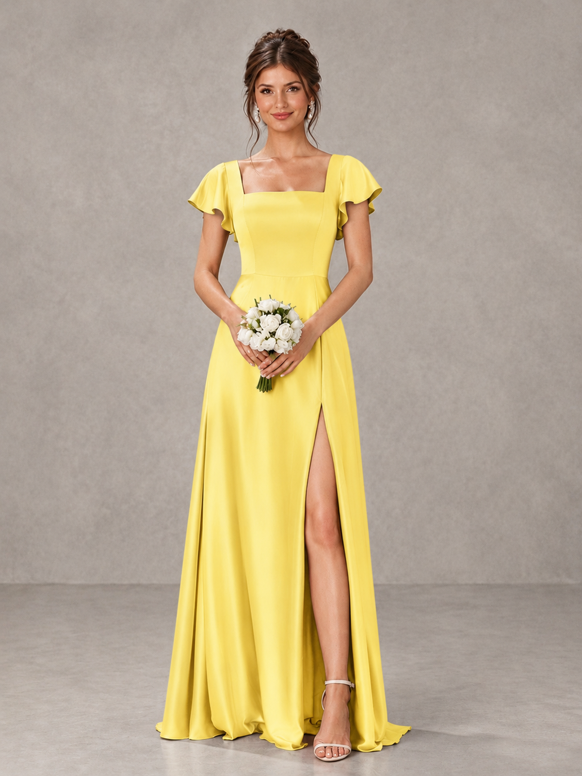 BOLODOO Yellow Satin Square Neck Flutter Sleeve A-Line Bridesmaid Dress with Slit - Yellow - Yellow_1