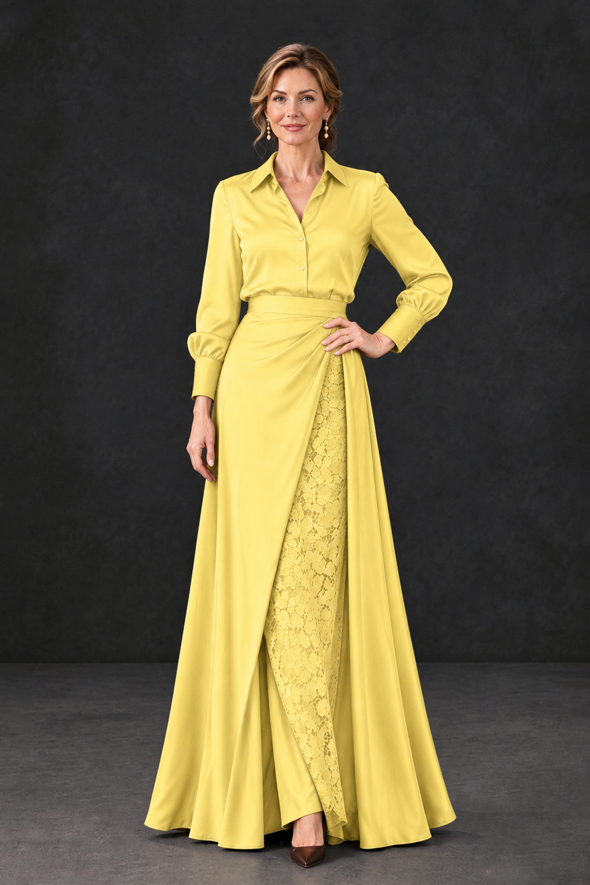 BOLODOO Yellow Long Sleeve Satin-Look Lace Panel Gown - Yellow - Yellow_1