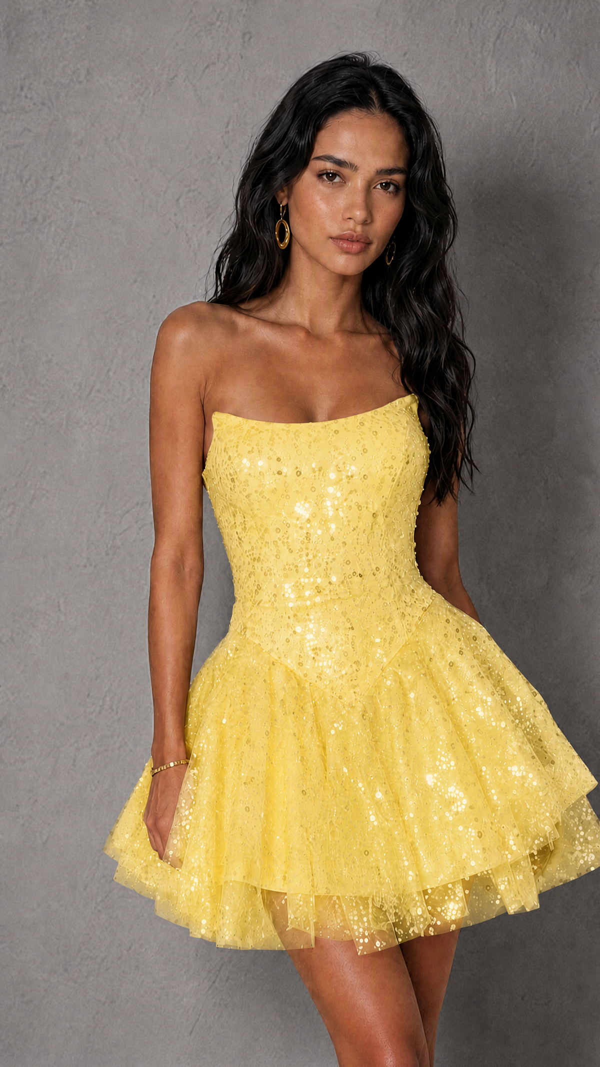 BOLODOO Yellow Sequin Strapless Corset Tiered Ruffle Mini Dress | BD0563 - Yellow