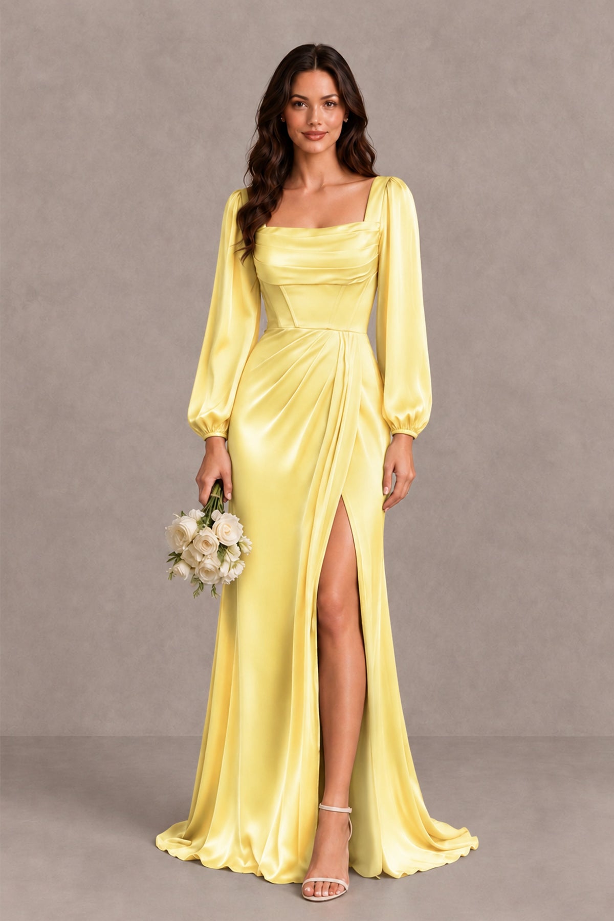 BOLODOO Yellow Satin-Look Long Sleeve Evening Dress with High Slit - Yellow - Yellow_1