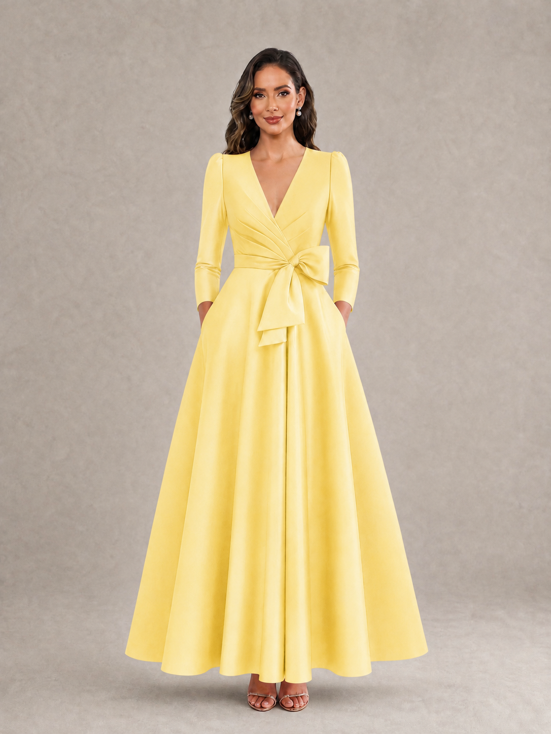 BOLODOO Yellow Satin Deep V-Neck Wrap 3/4 Puff Sleeve A-Line Ball Gown Maxi Dress with Oversized Bow Belt - Yellow