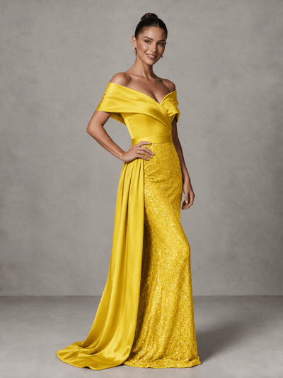 BOLODOO Yellow Sequin Mermaid Evening Dress with Off-Shoulder Satin Drape and Sweep Train - Yellow - Yellow_1