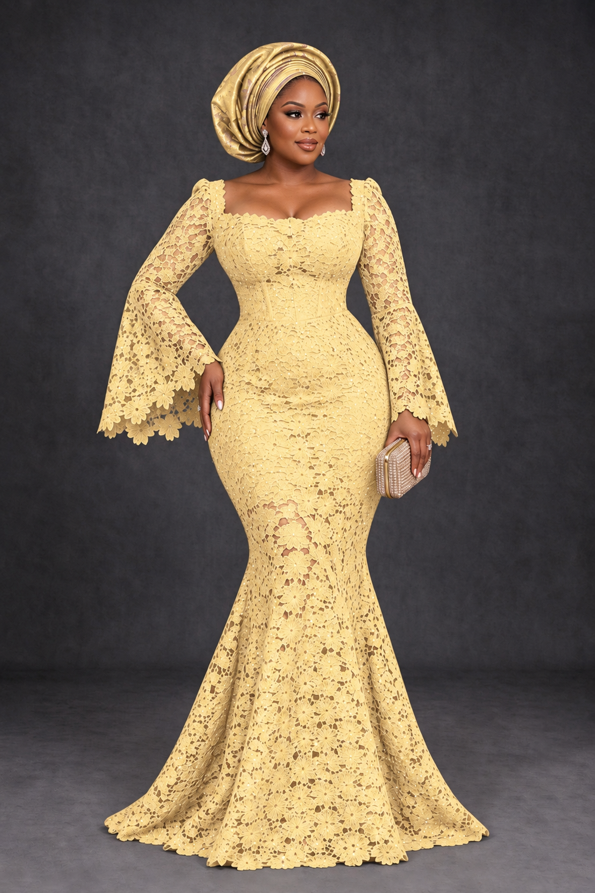 BOLODOO Yellow African Lace Mermaid Dress, Plus Size Nigerian Wedding Guest Gown with Bell Sleeves - Yellow - Yellow_1
