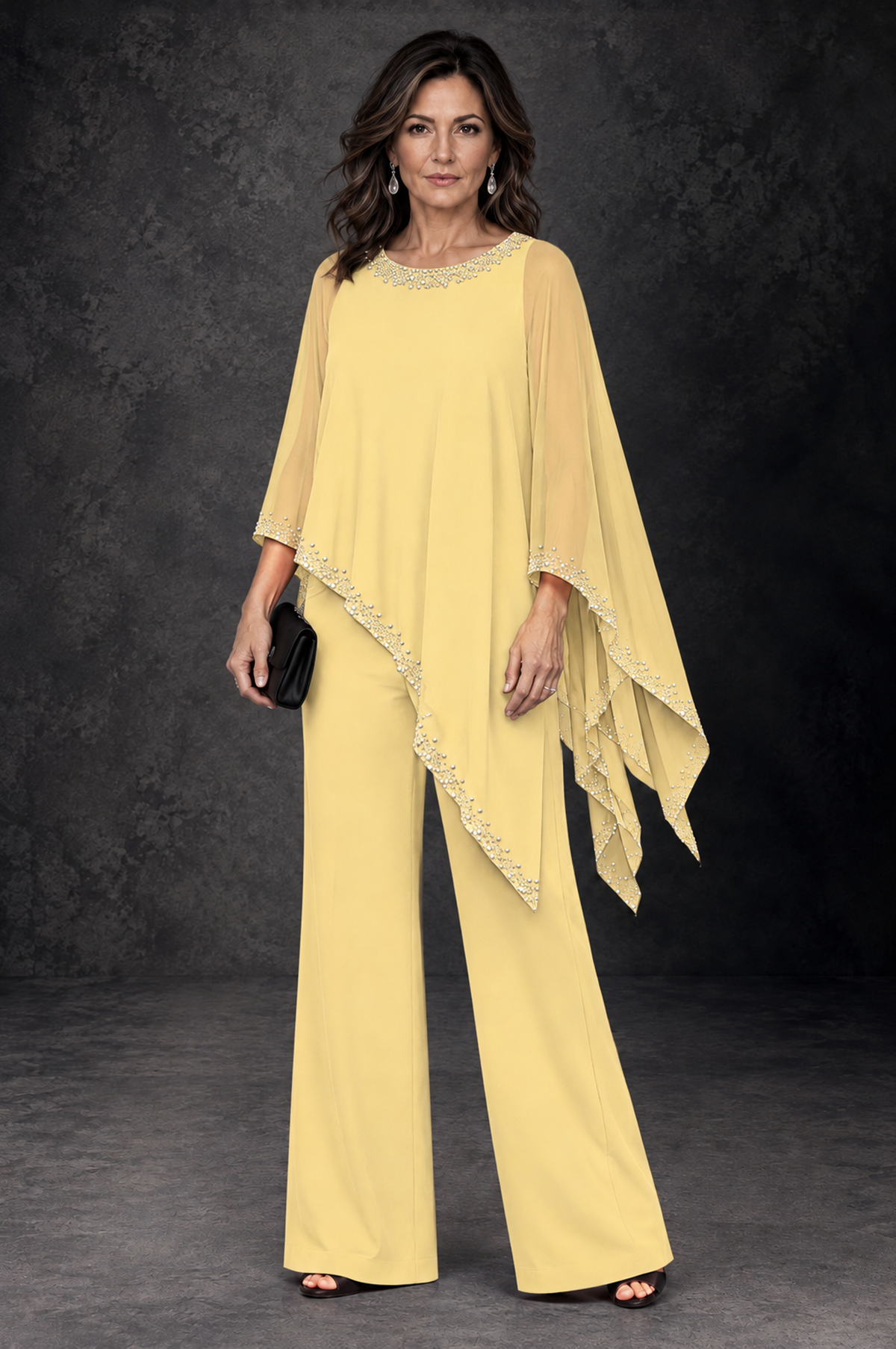 BOLODOO Yellow Embellished Cape Mother of the Bride Pantsuit - Yellow - Yellow_1