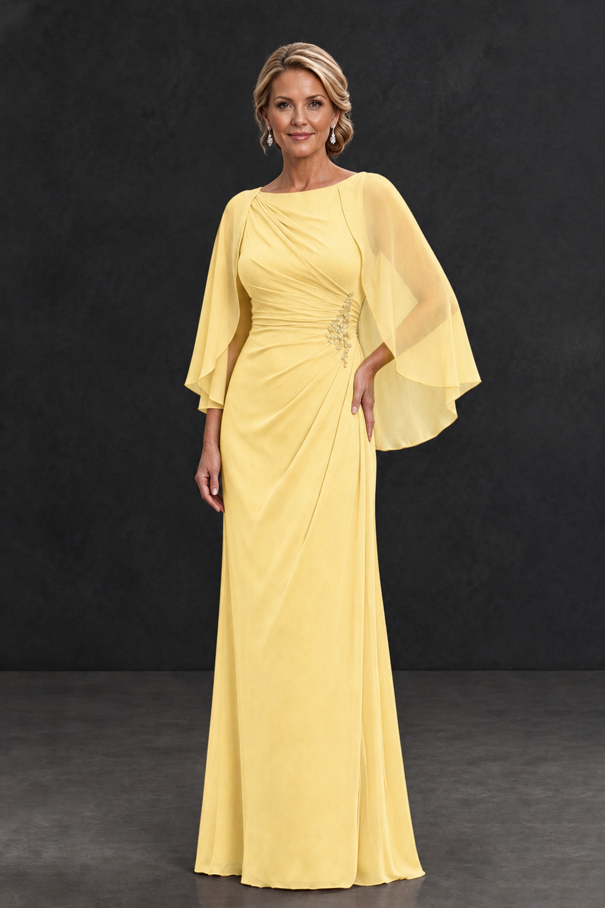 BOLODOO Yellow Cape Sleeve Mother of the Bride Dress with Ruched Waist - Yellow - Yellow_1