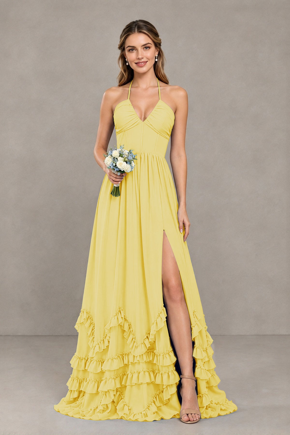 BOLODOO Yellow Halter Ruffle Hem A-Line Bridesmaid Dress with High Slit - Yellow - Yellow(1)