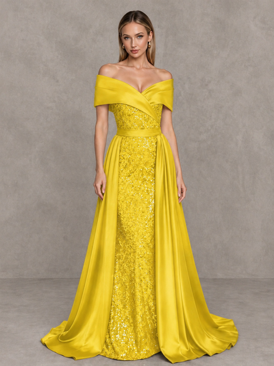 BOLODOO Yellow Sequin Mermaid Evening Dress with Detachable Satin Overskirt and Sweep Train - Yellow - Yellow_1