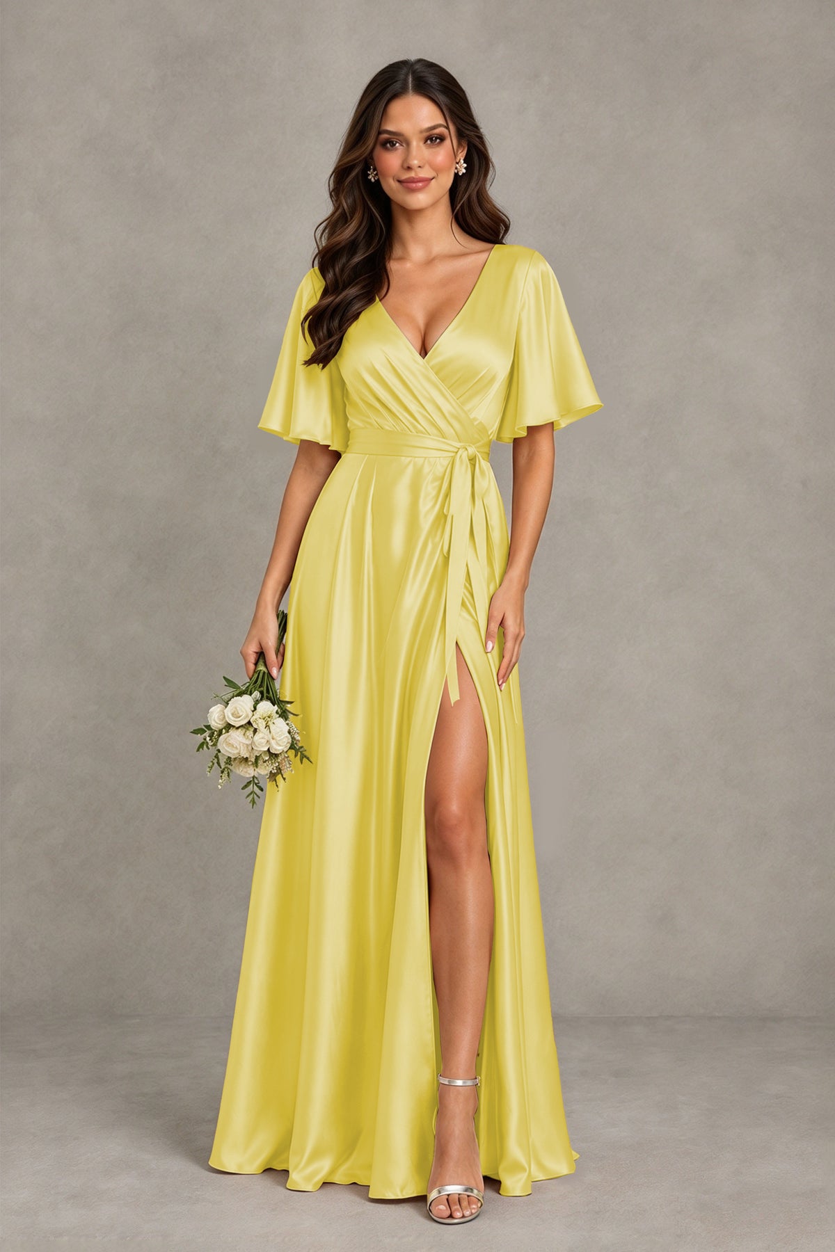 BOLODOO Yellow Satin V-Neck Flutter Sleeve Bridesmaid Dress with Slit - Yellow - Yellow(1)