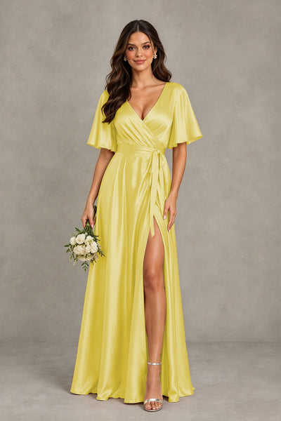 BOLODOO Yellow Satin V-Neck Flutter Sleeve Bridesmaid Dress with Slit - Yellow - Yellow(1)